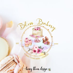 Cake Cupcake Macaroons Logo, Bakery Branding Business, Gold Circle With Bakery Items, Custom Cakes, Specialty Bakery, Floral Bakery Logo