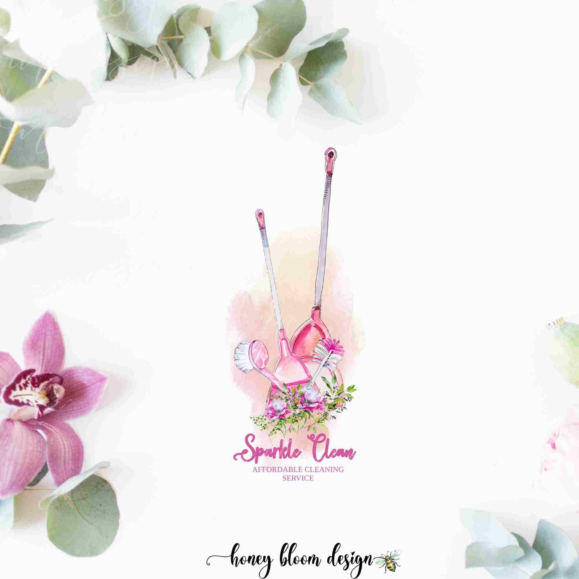 Rosa-Reinigungs-Logo, Reinigungsmittel-Logo, buntes Reinigungs-Service-Logo, rosa-grünes Blumen-Reinigungs-Ikonen-Logo, Haushaltung, sauberes S