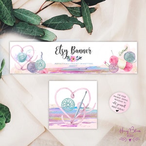 May include: Etsy banner template with a pink heart, yarn, crochet hook, and watercolor background. The text "Etsy Banner" is in a pink font with a floral design. The text "Perfect for a crochet or knitting banner" is in a smaller font below the title.