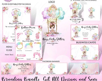 Pode incluir: Pacote de marca para um negócio de festas chamado Amy's Party Glitters. O pacote inclui um logotipo, cartões de visita, uma faixa do Facebook, um folheto de menu e um adesivo. O logotipo apresenta uma menina em um balanço com balões coloridos. O texto "Amy's Party Glitters" está em rosa e dourado.