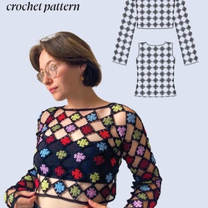 May include: A long-sleeve crochet top featuring a black diamond grid pattern with colorful floral motifs in red, blue, purple, and lime green. The text Agnes Top crochet pattern is visible at the top, with copyright information at the bottom.