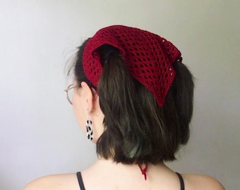 Crocheted Granny Square Hair Kerchief - Burgundy Red Cotton Cottagecore Bandana