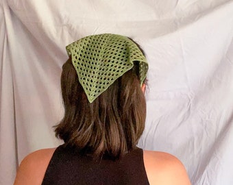 Handmade Crochet Hair Kerchief - Olive Green Cotton Granny Square Bandana