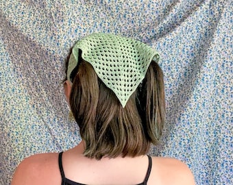Hand Crocheted Granny Square Hair Kerchief - Pastel Green Cotton Cottagecore Bandana