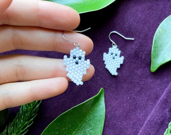 Handmade Seed Bead Ghost Earrings: Dainty Halloween Stainless Steel