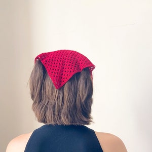 Hand Crocheted Cherry Red Hair Kerchief: Cotton Granny Square Bandana
