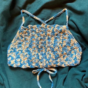 The Pacifica Bralette (Hand Crocheted Crop Top Bralette Tie Dye Boho Festival Lace up Lingerie Corset Back Blue & Yellow)