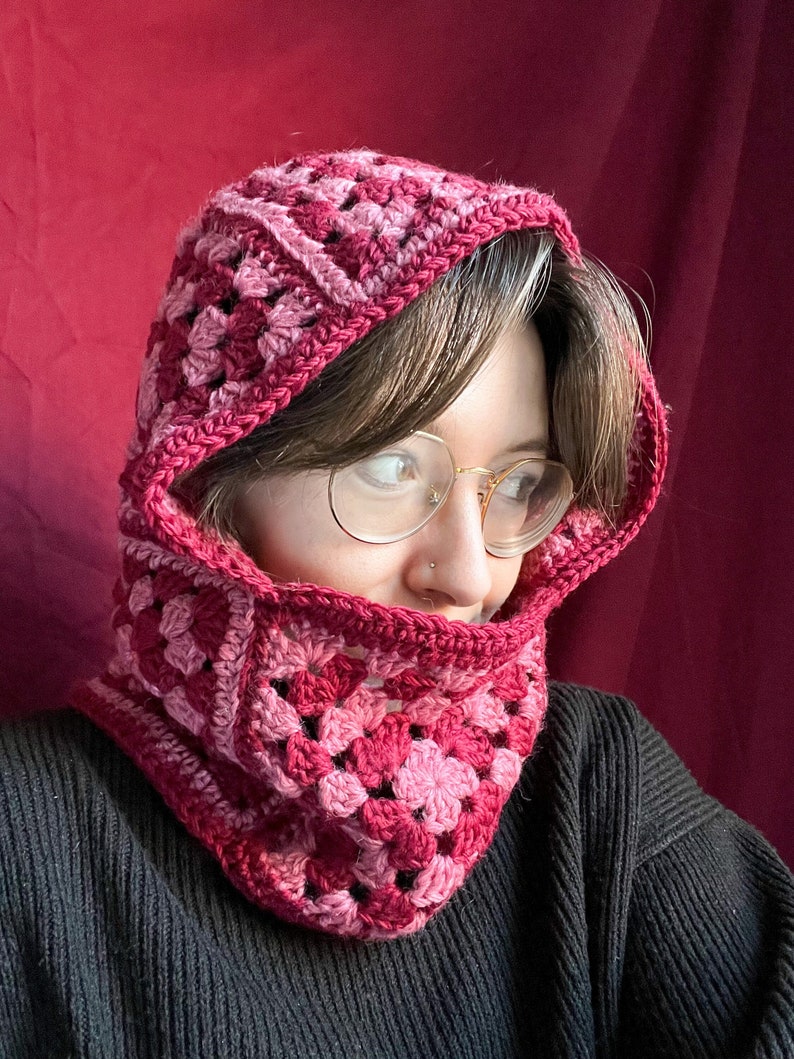Crochet Granny Square Recycled Wool Balaclava Snood Knit Hoodie Hooded
