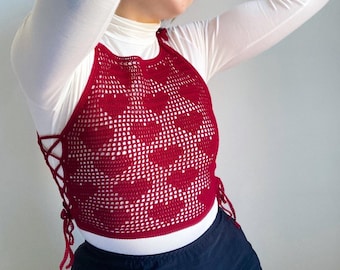 Filet Top Crochet Pattern (NOT a finished piece) corset lace up crop tank top crochet heart flower checkerboard mesh valentines day tutorial