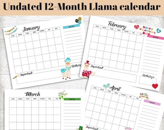 Llama Monthly Calendar | Undated, Monthly Llama Calendar | Printable Llama Calendar | Llama Planner | Alpaca Calendar