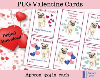 Pug Valentine Cards, Valentines for Kids, Printable Pug Valentines