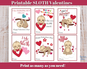 Sloth Valentine Cards, Valentines for Kids, Printable Sloth Valentines Cards