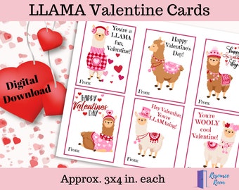 Llama Valentine Cards, Valentines for Kids, Printable Llama Valentines Cards