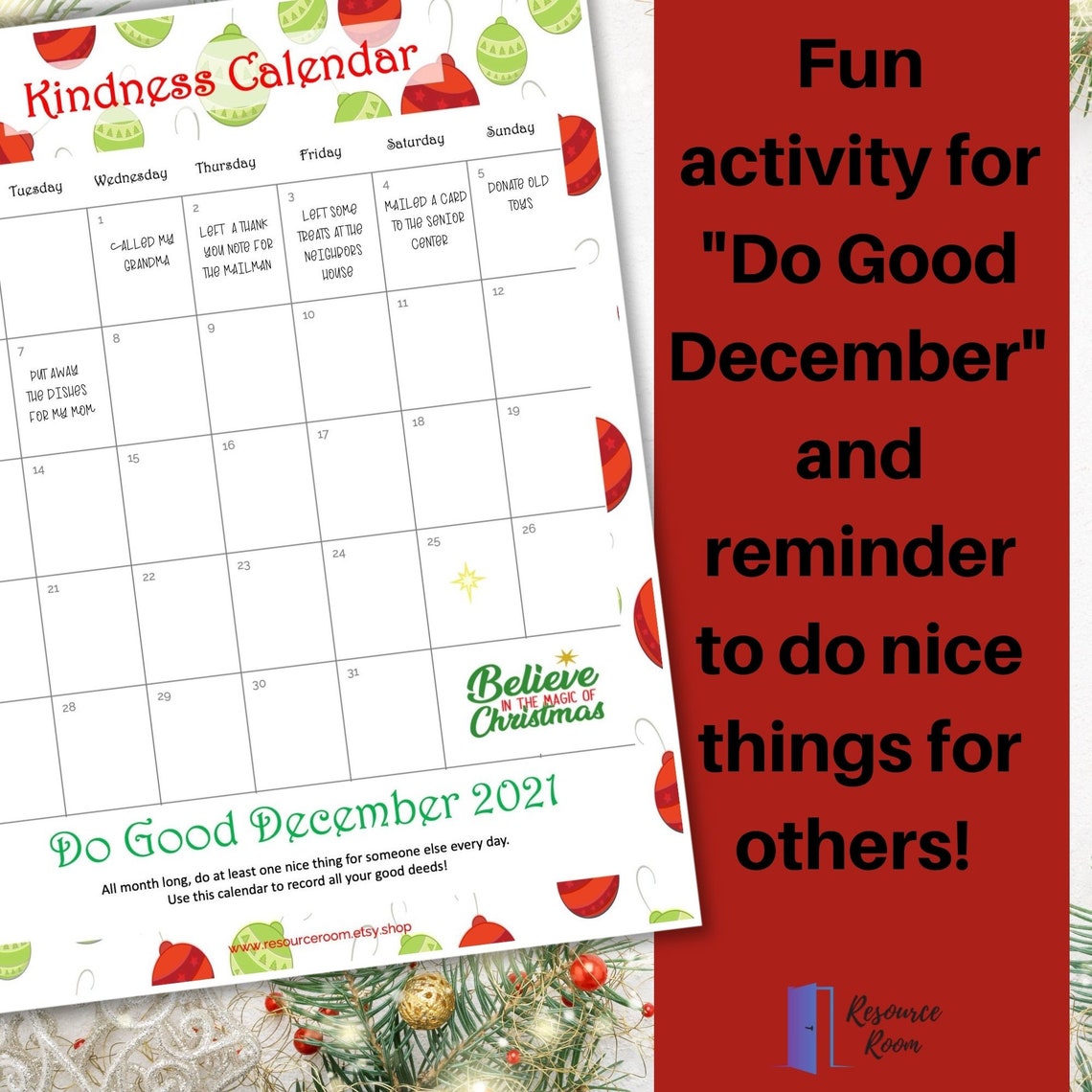 Christmas Kindness Calendar Random Act of Kindness Tracker Etsy