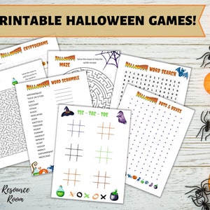 May include: Seven printable Halloween games, including a maze, word search, word scramble, cryptogram, tic-tac-toe, and dots and boxes. The games are printed on white paper with black ink.