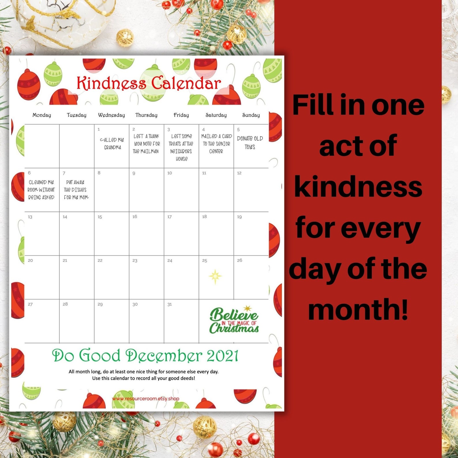 Christmas Kindness Calendar Random Act of Kindness Tracker Etsy