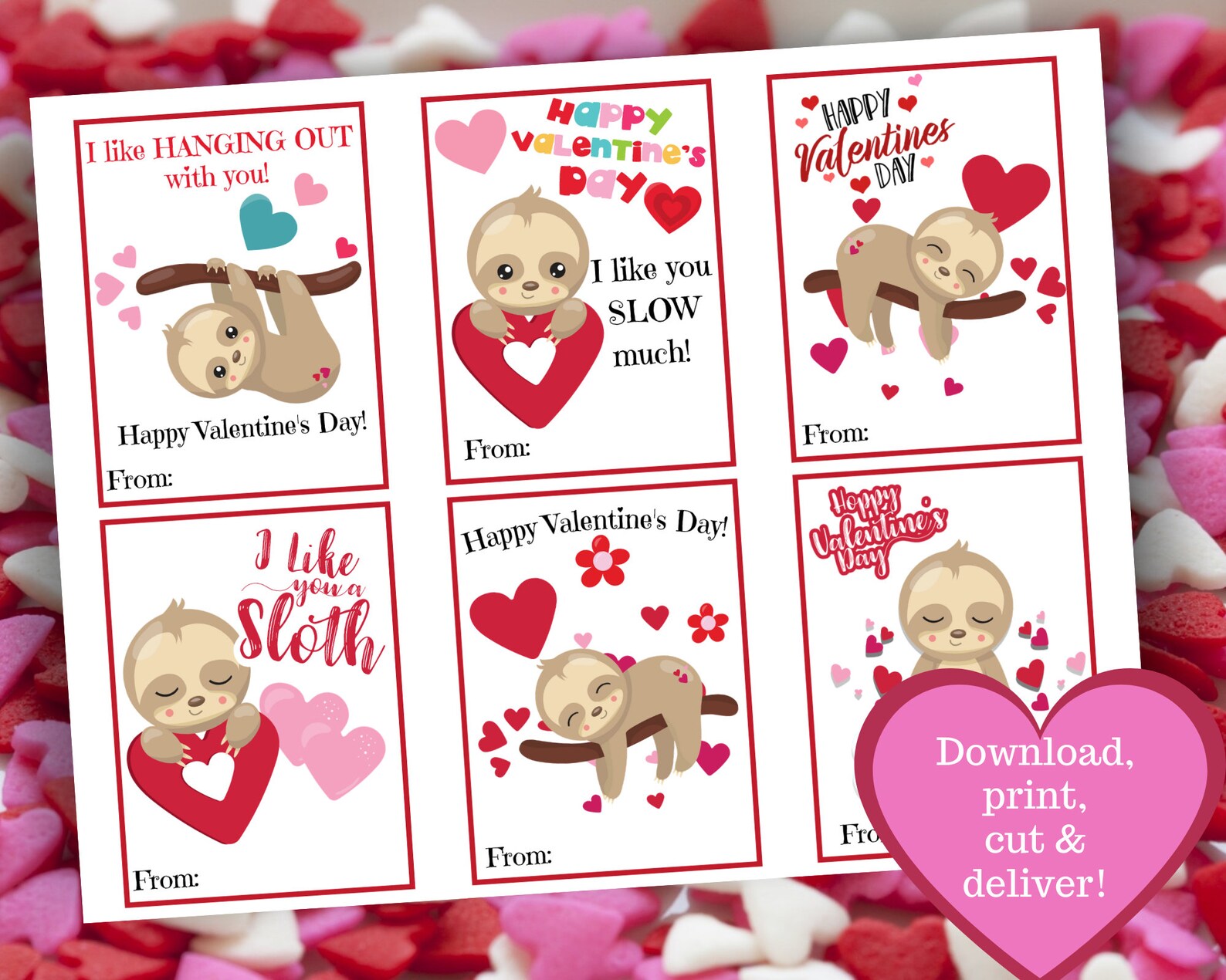Sloth Valentine Cards Valentines for Kids Printable Sloth