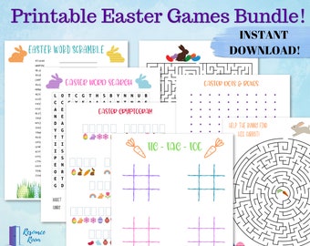 Easter Game Bundle, Printable, Easter Maze, Cryptogram, Word Search, Word Scramble, Dots & Boxes Game, Tic-Tac-Toe