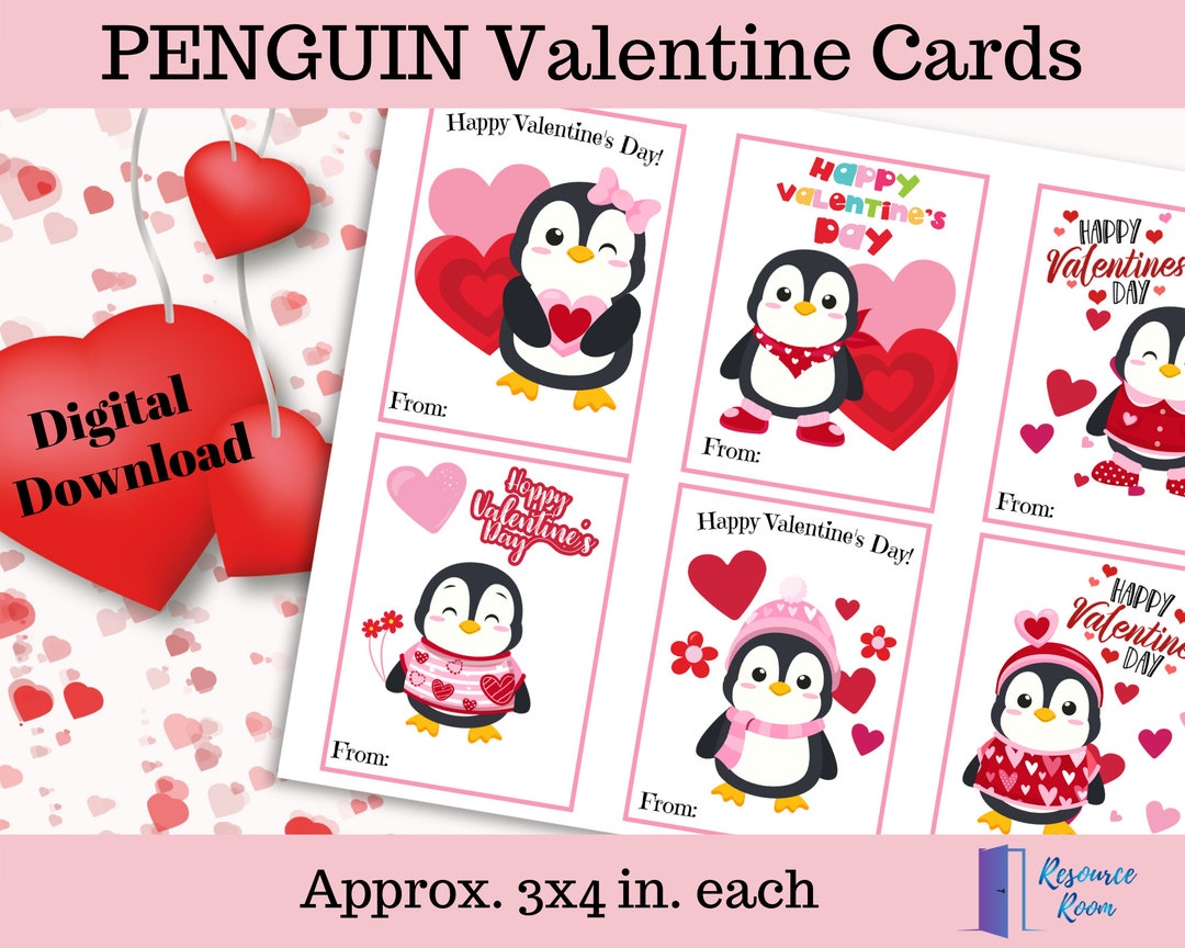 Penguin Valentine Cards, Valentines for Kids, Printable Penguin