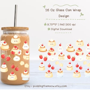 Può includere: Un design di involucro per lattine di vetro con illustrazioni di dessert al budino con fragole e ciliegie. Il design include il testo "16 Oz Glass Can Wrap Design" e "Digital Download". L'involucro della lattina misura 24,77 cm x 12,7 cm.