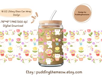 Cute Bear Tulip 16Oz Libbey Glass Can Wrap PNG | cute Glass Wrap png | commercial