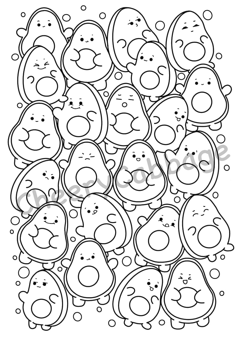 Download Kawaii Avocado Coloring Page Cute Doodle Coloring Page | Etsy