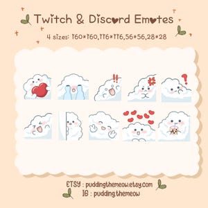 May include: A set of 12 cloud-shaped Twitch and Discord emotes with different expressions, including hearts, tears, and a boba tea. The emotes are available in four sizes: 160x160, 116x116, 56x56, and 28x28.