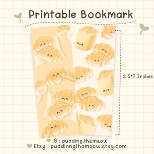 Puede incluir: Marcapáginas imprimible con ilustraciones de cruasanes y pan sonrientes. El marcapáginas mide 6,35 cm x 17,78 cm. El texto "Printable Bookmark" está en la parte superior. Los nombres de Instagram y Etsy están en la parte inferior.