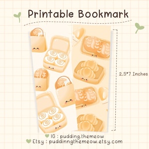Puede incluir: Marcapáginas imprimible con ilustraciones de productos de panadería, incluyendo rollos de canela, cruasanes y pan. El marcapáginas mide 6,35 cm x 17,78 cm. El texto "Printable Bookmark" está en la parte superior. Los nombres de Instagram y Etsy están en la parte inferior.