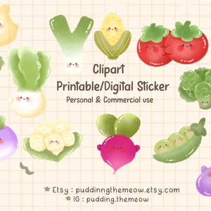 Cute Veggies Printable/Digital Sticker Sheet | Cute Clipart | PNG Clipart | Commercial use