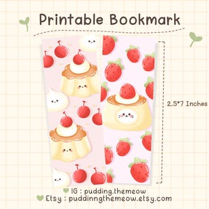 Può includere: Segnalibro stampabile con un motivo ripetuto di dessert kawaii a forma di budino con ciliegie e fragole su sfondo rosa. Il segnalibro misura 6,35 cm per 17,78 cm.