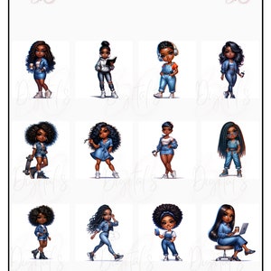 May include: A digital illustration set of 9 cartoon images featuring Black women in various poses wearing denim outfits. The women are depicted with different hairstyles, accessories, and expressions.