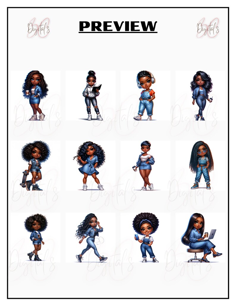 May include: A digital illustration set of 9 cartoon images featuring Black women in various poses wearing denim outfits. The women are depicted with different hairstyles, accessories, and expressions.
