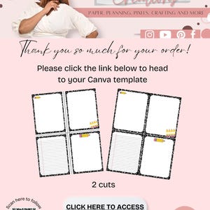 May include: A pink graphic with the text "ZARIAH'S Creations" and "Thank you so much for your order!" The image includes notebook templates with lined and blank pages, pencils, and a QR code. The Etsy shop URL is also included.