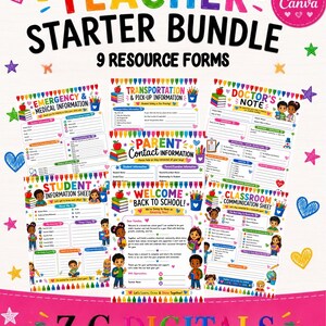 May include: A digital teacher starter bundle featuring nine resource forms with colorful crayon borders, star and heart accents, and text including Teacher Starter Bundle, Emergency & Medical Information, Transportation, and Parent Contact Information.