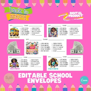 May include: Pink digital product featuring editable school envelopes with a 'back to school' theme. The envelopes include fields for date, teacher, and various money types, with illustrations of a school bus and children.