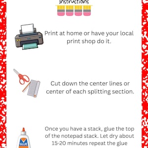 May include: A white background with red border and instructions for a craft project. The instructions include printing, cutting, and gluing. The image includes a printer, scissors, notepad, and glue bottle.