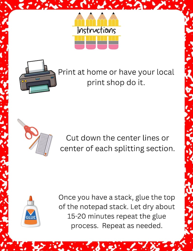 May include: A white background with red border and instructions for a craft project. The instructions include printing, cutting, and gluing. The image includes a printer, scissors, notepad, and glue bottle.