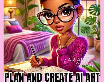 May include: A digital illustration of a Black woman with short hair wearing glasses and a pink sweater. She is sitting at a desk and writing in a journal. The text on the image reads "PLAN AND CREATE AI ART DALL-E PROMPT GUIDE 20 ART SAMPLES INCLUDED".