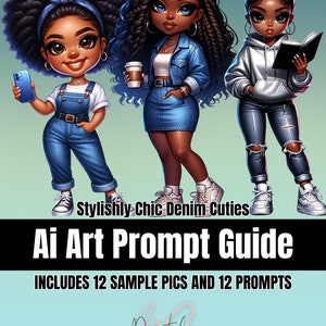 May include: Three cartoon illustrations of Black women with different hairstyles wearing denim clothing. The woman on the left is holding a smartphone, the woman in the middle is holding a cup of coffee, and the woman on the right is holding a book. The text "Stylishly Chic Denim Cuties" is at the bottom of the image.