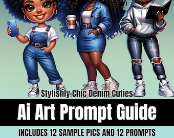 May include: Three cartoon illustrations of Black women with different hairstyles wearing denim clothing. The woman on the left is holding a smartphone, the woman in the middle is holding a cup of coffee, and the woman on the right is holding a book. The text "Stylishly Chic Denim Cuties" is at the bottom of the image.