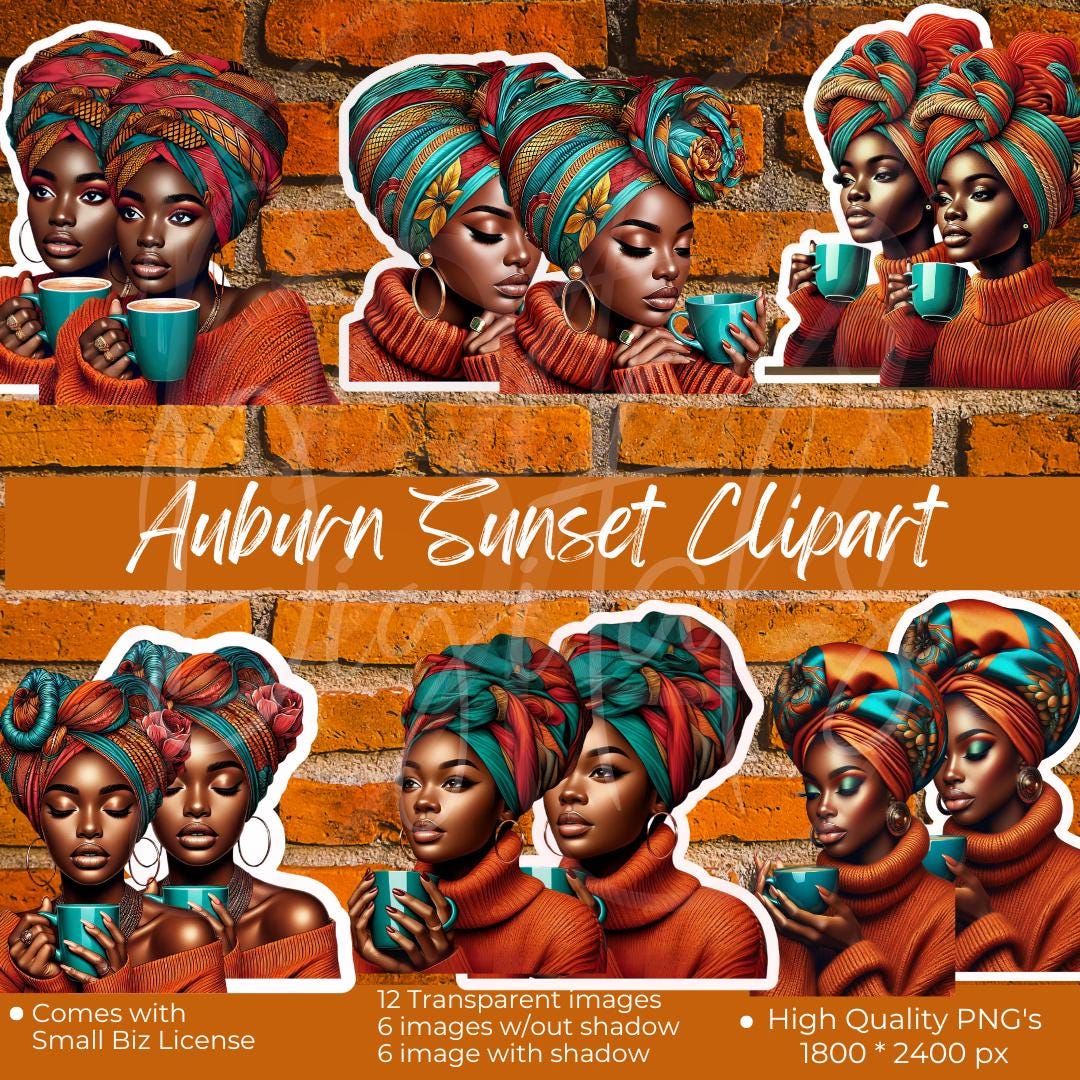 Auburn Sunset Clipart | Afrocentric Headwrap Art | 12 Transparent Images  | Digital Download