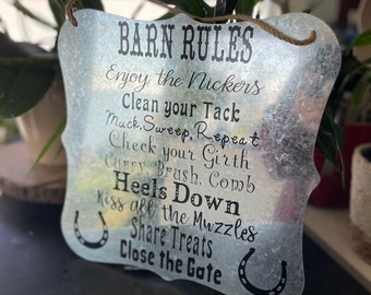 Barn Rules Funny Wall Decor Horse Gift Horse Decor Farmhouse Hanging Scalloped Galvanized Tin Metal Sign Indoor/Outdoor