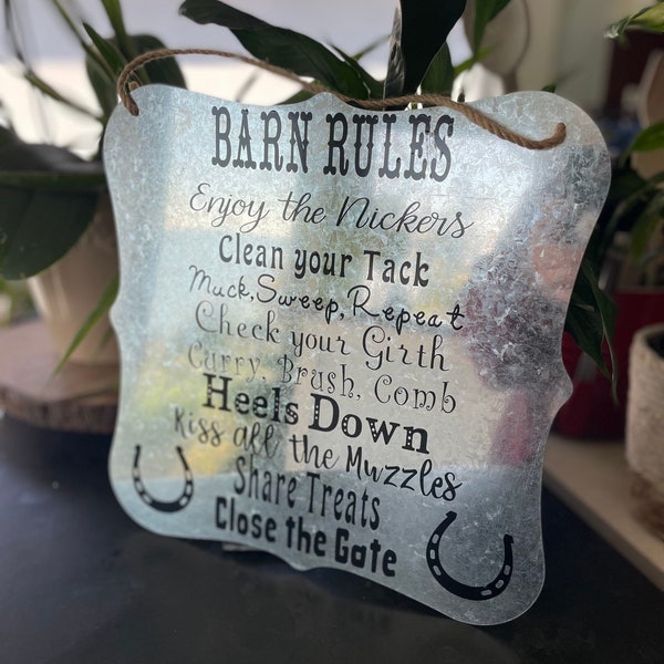 Barn Rules Funny Wall Decor Horse Gift Horse Decor Farmhouse Hanging Scalloped Galvanized Tin Metal Sign Indoor/Outdoor