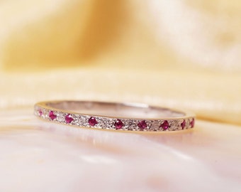 Ruby and Diamond Eternity Band / 14k White Gold Micro Pave Diamond and Ruby Eternity Wedding Ring / Engagement Ring / Solid Gold Ring