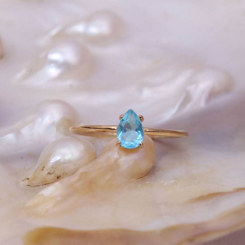 Blue Topaz Ring / 14k Gold Topaz Wedding Ring / Anniversary Ring / Pear Topaz Ring / Stacking Ring / Dainty Ring / Prong Set Ring / minimal image 1