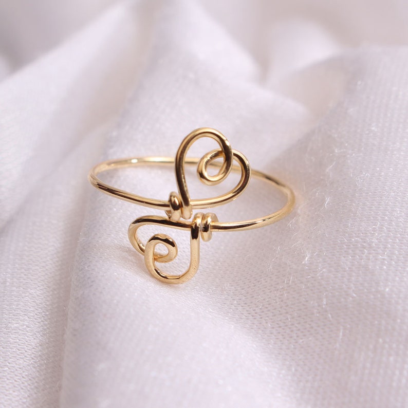 Heart Ring / Two Hearts Ring / 14k Yellow Gold / Stackable Ring / 14k Solid Gold Ring / Minimalist Ring / Engagement Ring / Gift For Her image 1