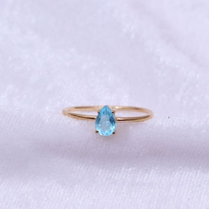 Blue Topaz Ring / 14k Gold Topaz Wedding Ring / Anniversary Ring / Pear Topaz Ring / Stacking Ring / Dainty Ring / Prong Set Ring / minimal image 3