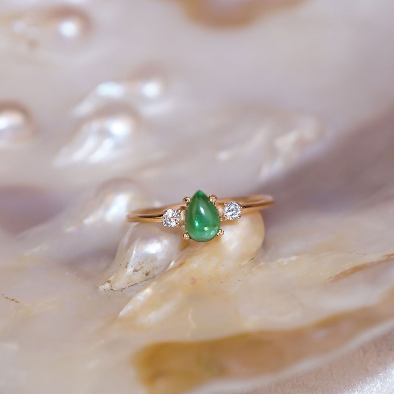 Pear Emerald Ring / 14K Gold Emerald and Diamond Birthstone Ring / Emerald Jewelry / Gift for Her / May Birthstone Ring / Wedding Ring image 1