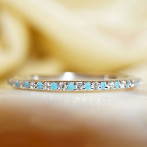 Turquoise and Diamond Eternity Band / 14k Yellow Gold Micro Pave Diamond and Turquoise Eternity Wedding Ring / Turquoise Wedding Band / Fine